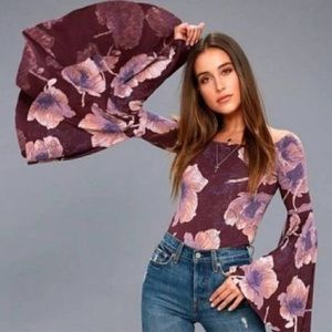 Women Free People Wine Off-The-Shoulder Bell Sleeve Floral Print Blouse